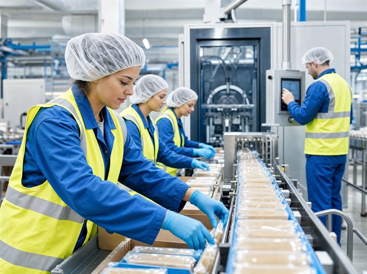 Работници на производствена линија со капи и безбедносни елеци пакуваат производи на подвижна лента